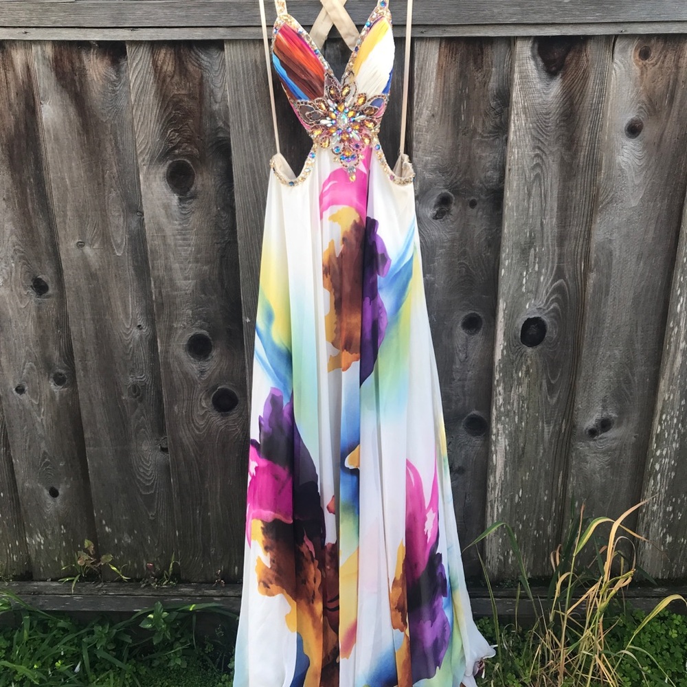 Vibrant Floral Prom Dress w/Beaded Straps / Detail
